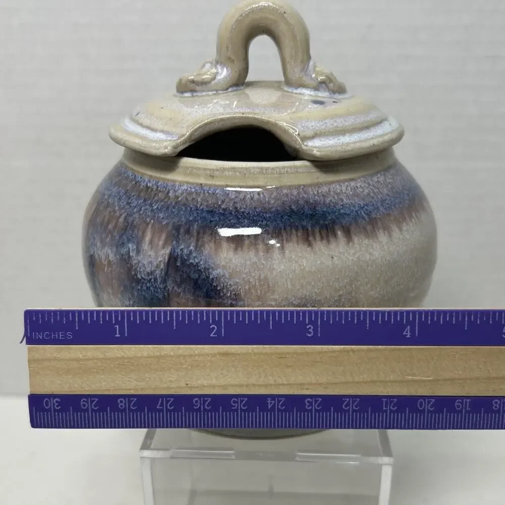 Pearsall Stoneware Art Studio Pottery Lidded Honey Pot / Jam Jar Blue Drip Glaze